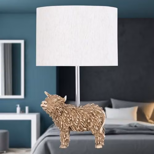 First Choice Lighting Angus Highland Cow Table Lamp in Brown and Beige with Fabric Shade – 4