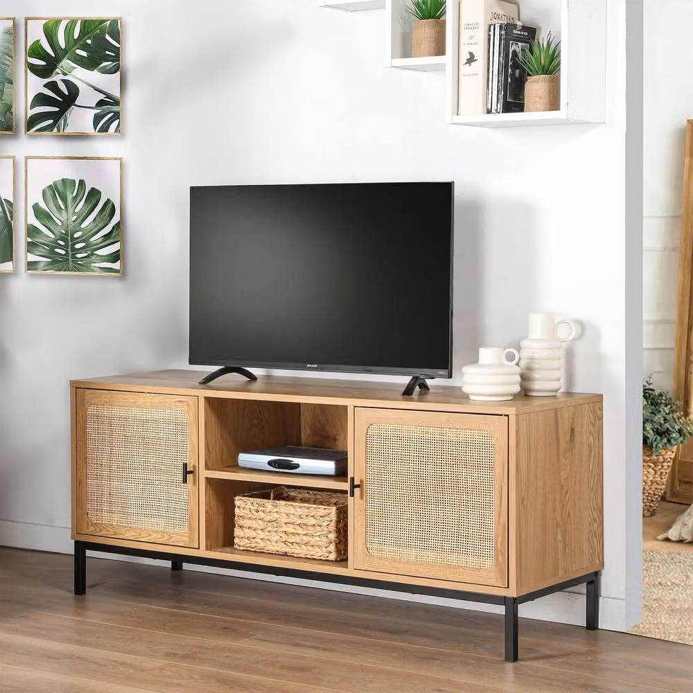 CALICOSY JAYA 2-Door TV Stand with Rattan Cane and 2 Shelves, Light Brown, W: 120 cm, D: 39 cm, H: 51 cm – 2
