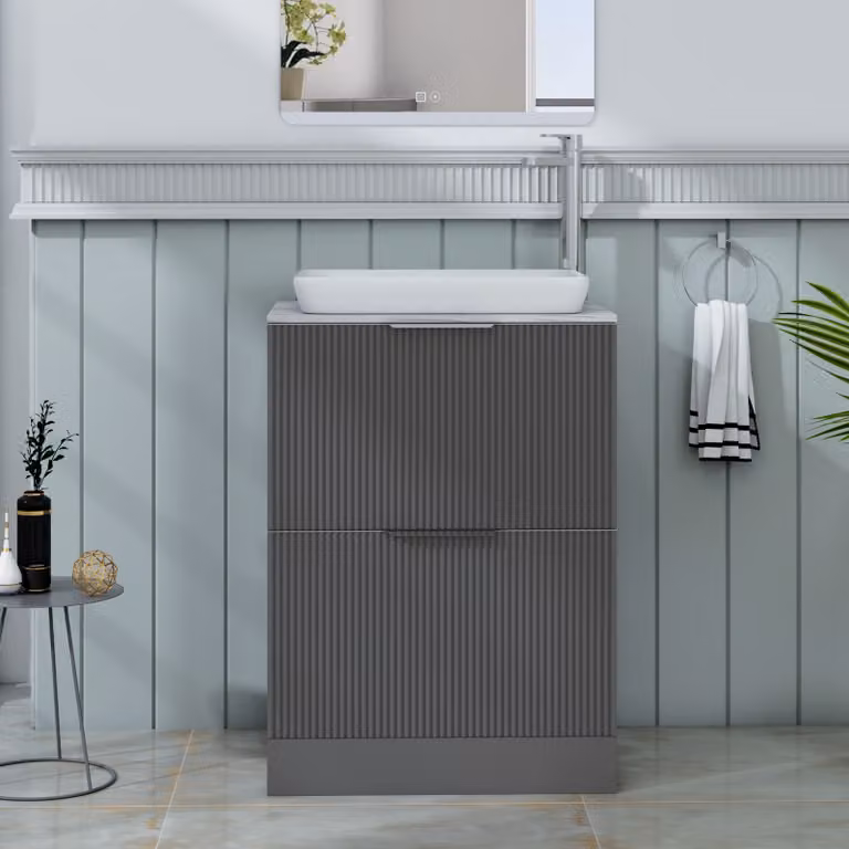 Royal Bathrooms Evora 600mm Graphite Grey Fluted Floor Standing Countertop Vanity Unit with 2 Drawers and Qubix Basin