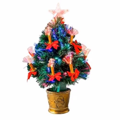 Shatchi Pre-Lit Green Fibre Optic Christmas Tree with Candle and Bow Decorations and Star Topper, Multicolour LED Lights, H 60 cm – 1