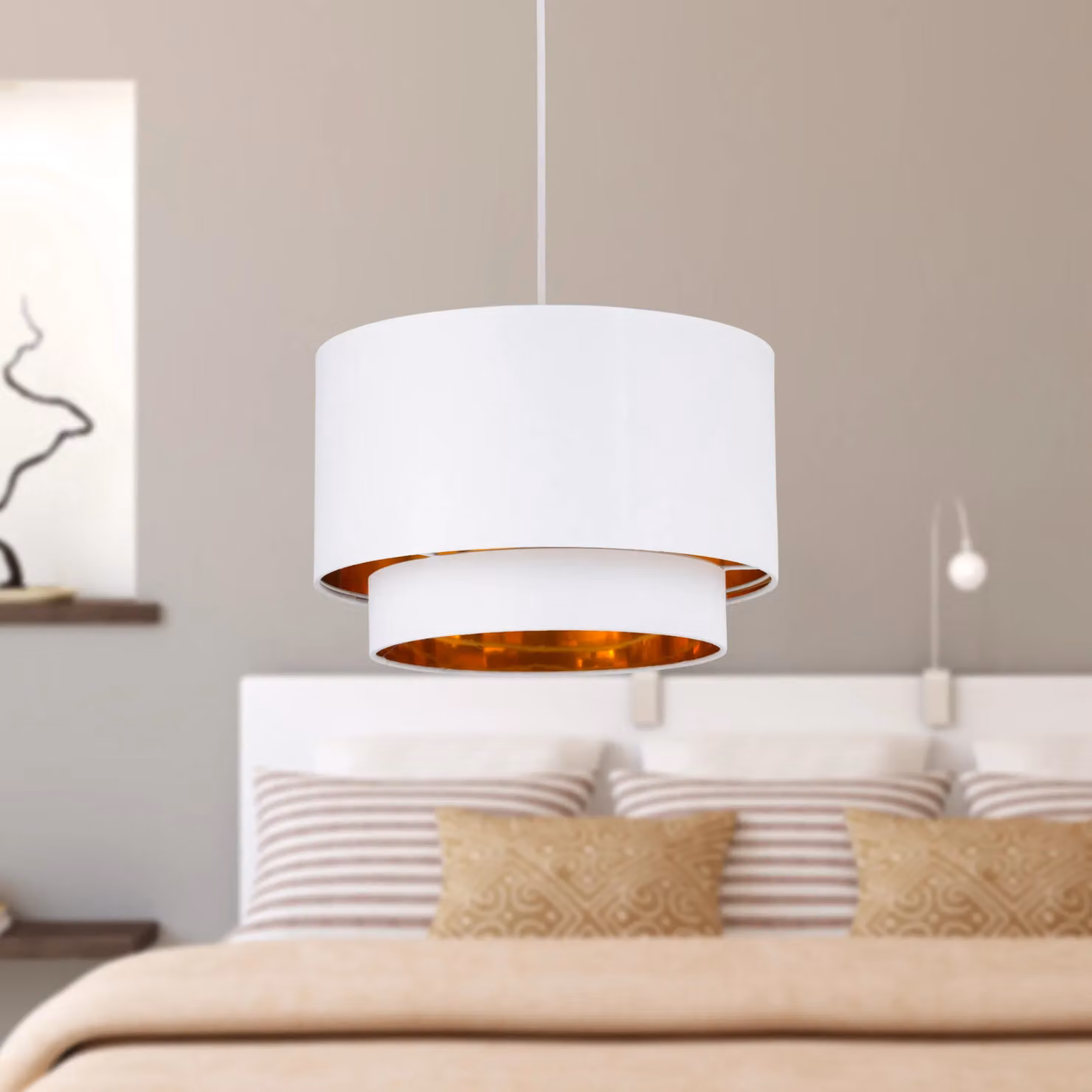 First Choice Lighting Kozy Modern Round Fabric Pendant Shade in White and Gold/Brass, Diameter: 30 cm – 3