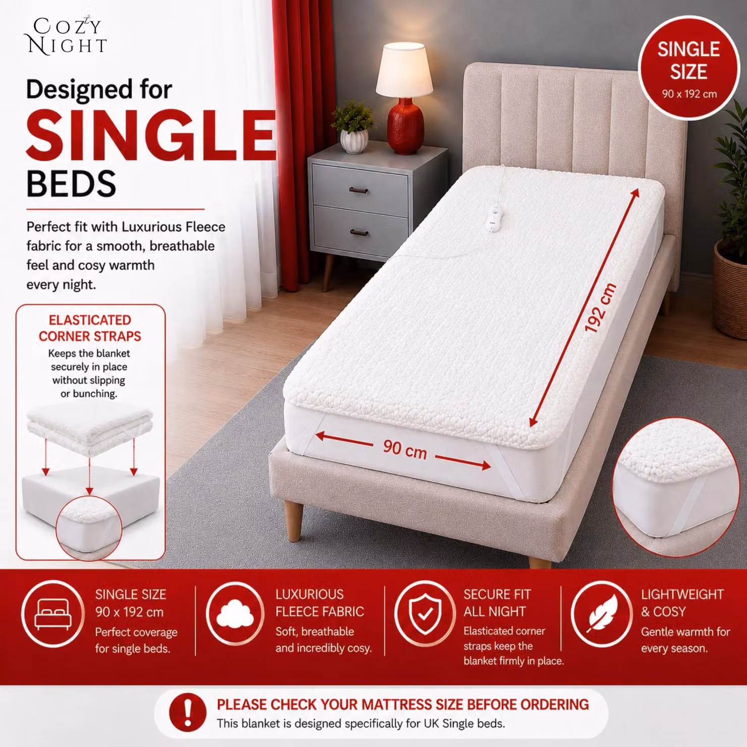 Cozy Night Single Fleece Heated Mattress Cover, White, W/D/H: 90 x 200 cm – 2