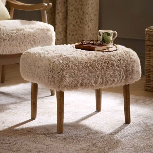 Voyage Maison Struan Faux Fur Footstool in Beige with Oak Wood Frame – 1