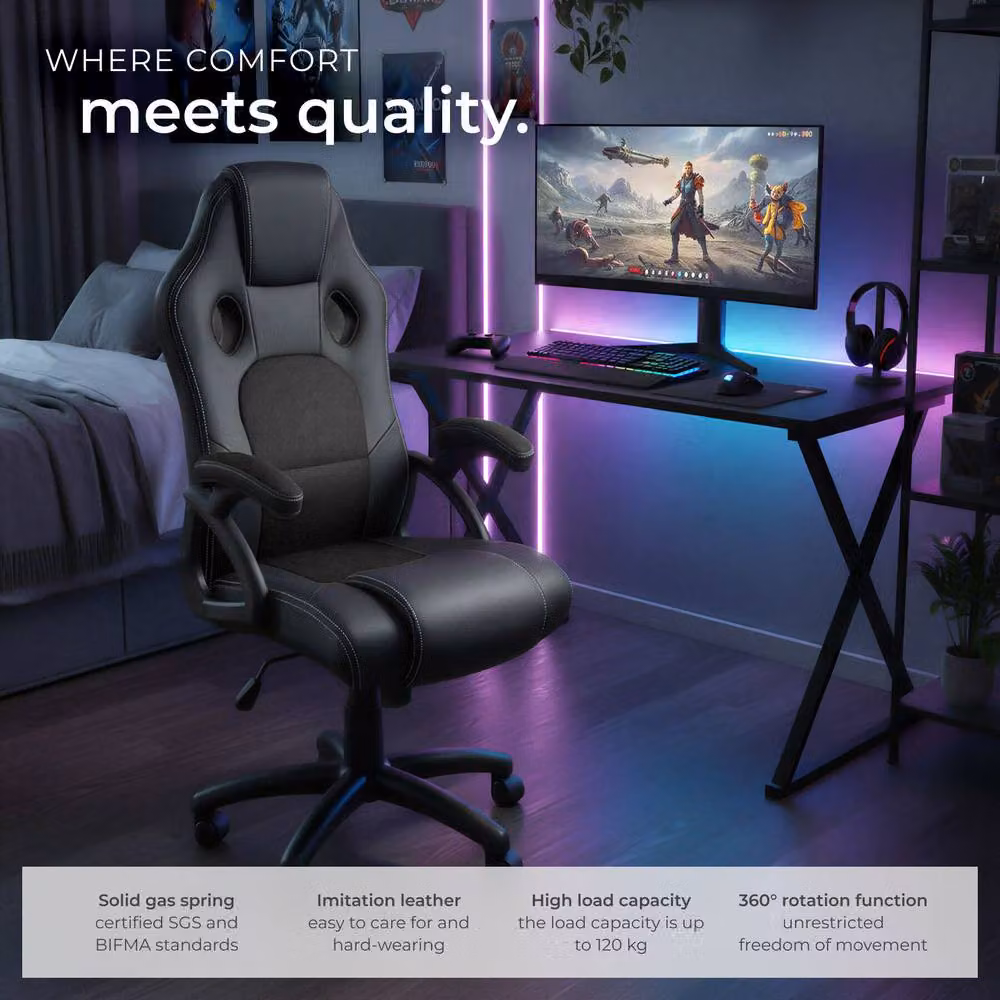 tectake Tyson Ergonomic Gaming Chair in Black with Synthetic Leather and Armrests – 9