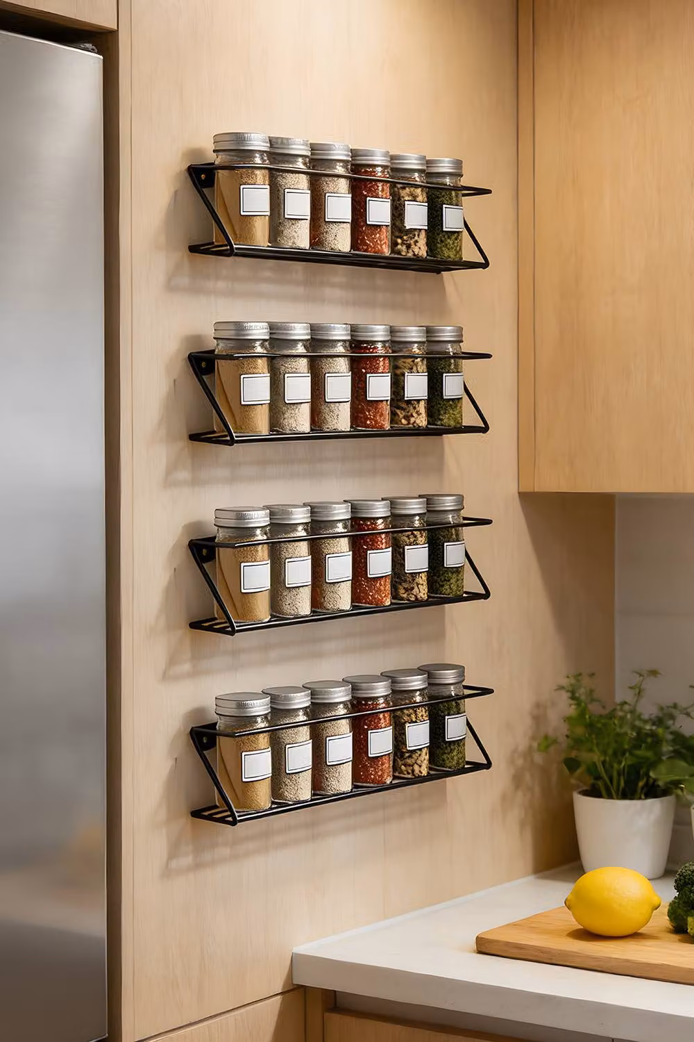 Living and Home 4-Piece Metal Wall-Mounted Spice Rack Organiser in Black – 4