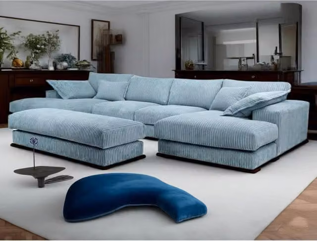 Furniture786ltd Family Large Double Ended Chaise Rest Sofa in Sky Blue Jumbo Cord