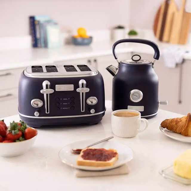 Charles Bentley Kettle 1.7L and 4 Slice Toaster Set in Matt Dark Blue and Silver