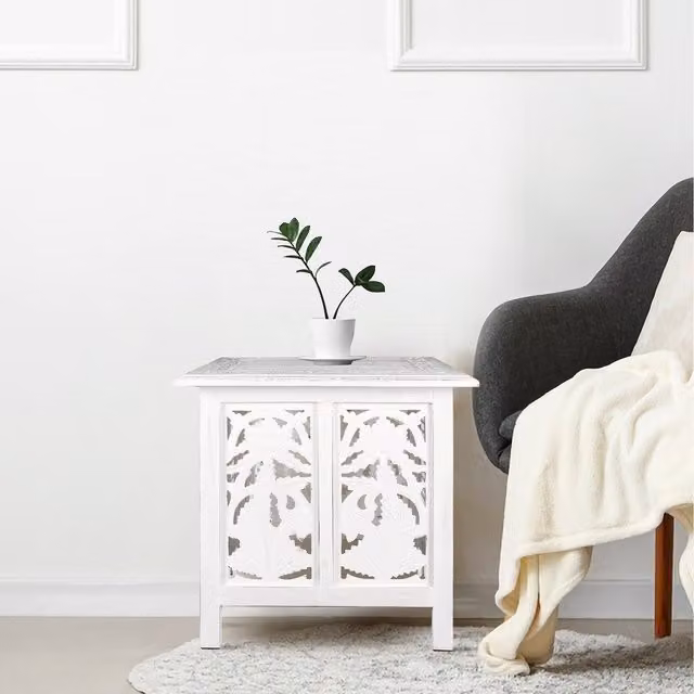 Topfurnishing Square Carved Mango Wood Coffee Table and Bedside End Table in White with Floral Detail