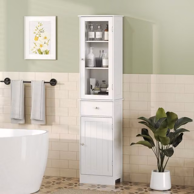 Kleankin Freestanding Bathroom Restroom Tower with Multi-Tier Shelving and Glass Doors, White – 2