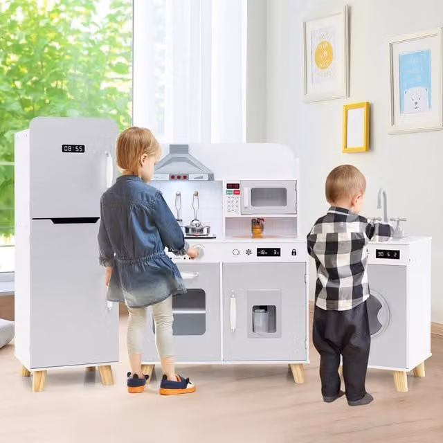 Costway 3 in 1 Kids Kitchen Playset in Grey and White
