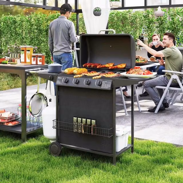 Outsunny Portable 5 Burner Gas BBQ Grill with Built-in Thermometer, Warming Rack and Side Burner, Black