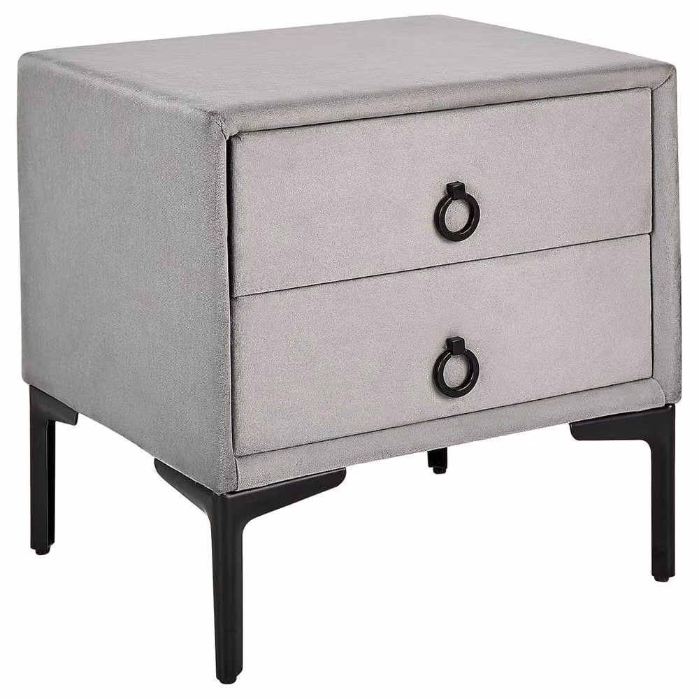 Wyld and Coco Grey Velvet Bedside Table with 2 Drawers and Black Metal Legs W: 44 cm, D: 38 cm, H: 45 cm – 2