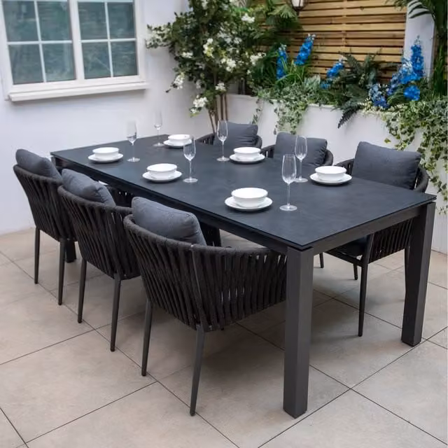 Bracken Outdoors Maldives 6 Seat Rectangular Rope Dining Set in Anthracite, W: 220 cm, D: 90 cm, H: 75 cm