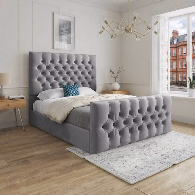 Casani Poulton Chesterfield Upholstered Velvet Bed Frame in Grey, W/D/H: 140 x 200 x 137 cm – 1