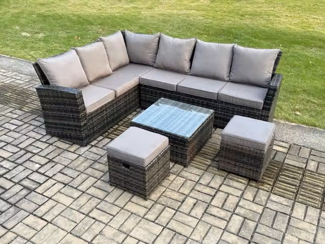 Fimous 8 Seater Rattan Garden Dining Set with L-Shape Corner Sofa, Square Coffee Table and 2 Ottomans in Dark Grey