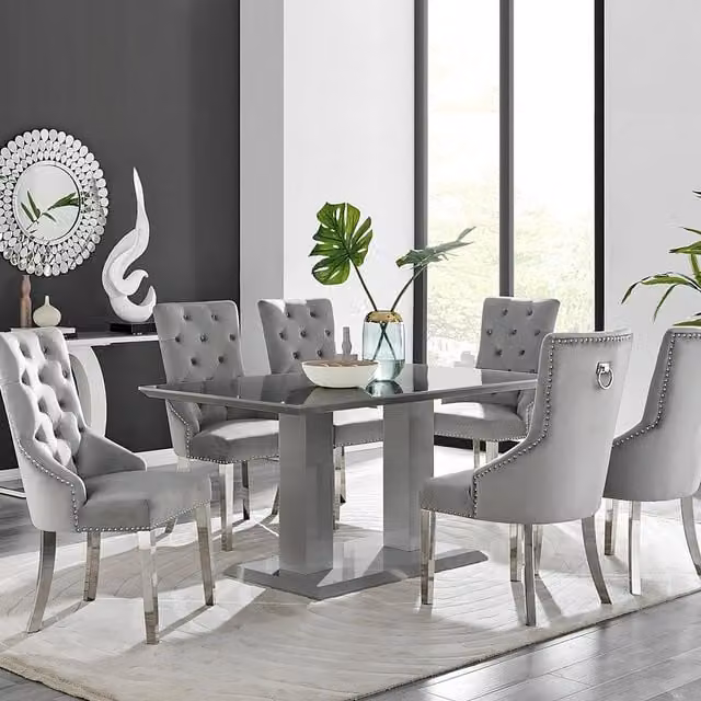 FurnitureboxUK Imperia Grey Rectangular Dining Table and 6 Grey Velvet Belgravia Chairs