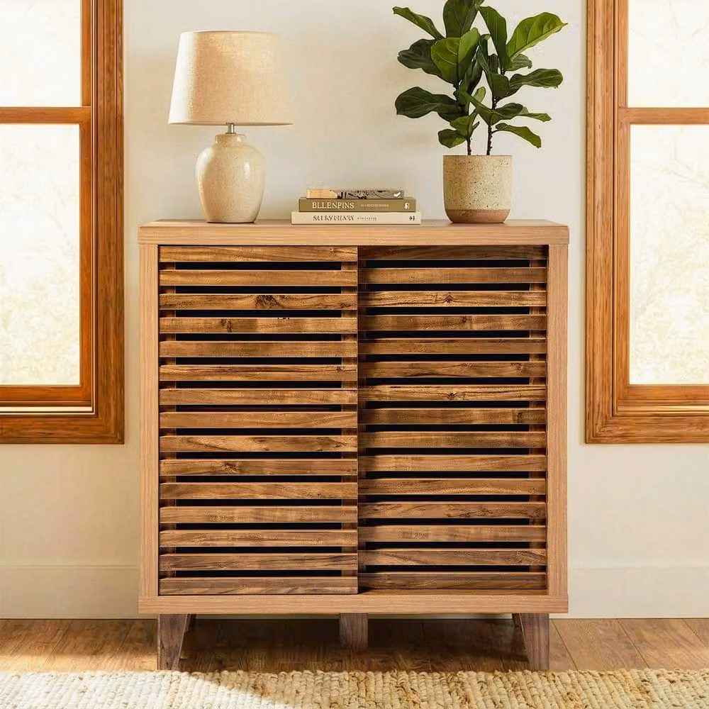 CALICOSY Liam 2-Door Sliding Sideboard with Openwork Slats in Dark Brown, Width: 80 cm – 3