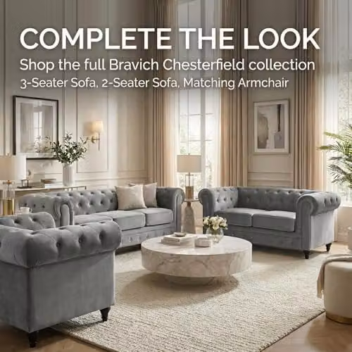 Bravich Grey Velvet Chesterfield 2 and 3 Seater Sofa Suite with Solid Wood Frame and Foam Cushions – 7