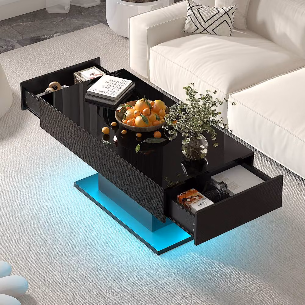 KEEPREAPER Modern Glossy Black Rectangular Coffee Table with 2 Storage Drawers and LED Lights, W/D/H: 110 x 55 x 50 cm – 2