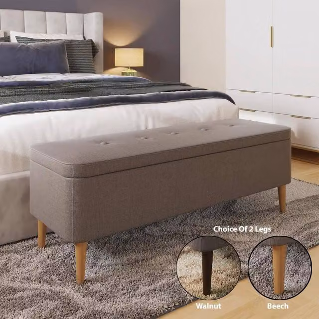 SPETLEK Large Grey Fabric Upholstered Wood Storage Bench Window Seat W/D/H: 100 x 50 x 50 cm
