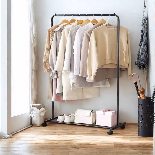 Pirlo Plush Metal Clothes Rail with Storage Shelf on Wheels in Matt Black