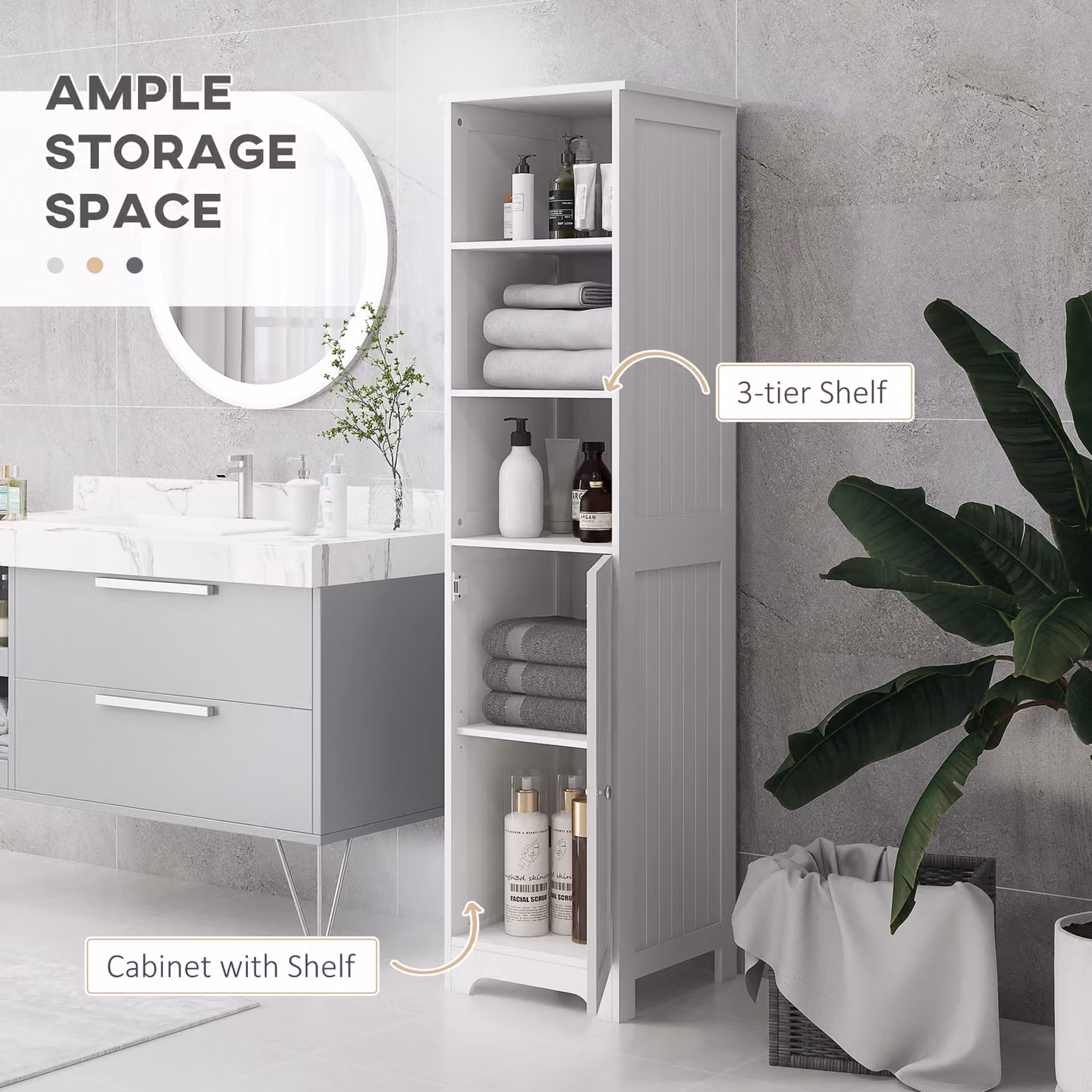 HOMCOM Slim White Bathroom Storage Cabinet with Hinged Doors and Open Shelves – 3