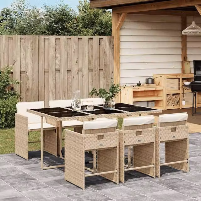 Berkfield Home Garden Modern Polyrattan Dining Set with Glass Top in Beige, White and Black – 1