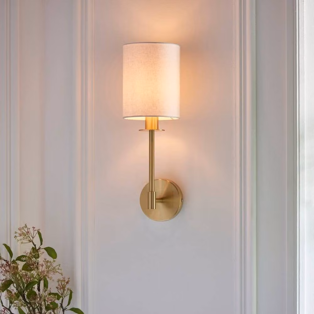 Netlighting Sancerre Wall Lamp Shade in Gold and White with Brass Plate and Fabric, E14, H 40.5 cm x W 17.0 cm – 2