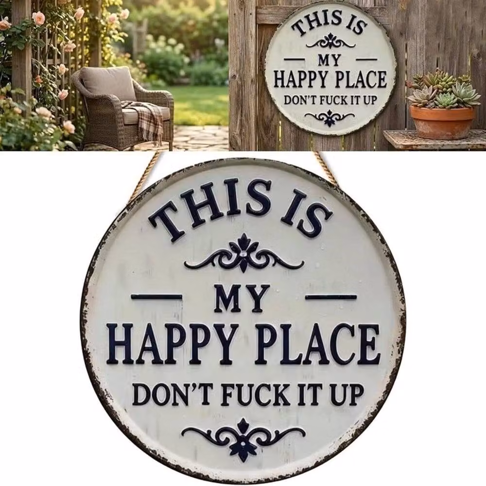 FLAVORA Happy Place Welcome Garden Sign, Round Metal Wall Decor in White, Diameter: 20 cm – 2