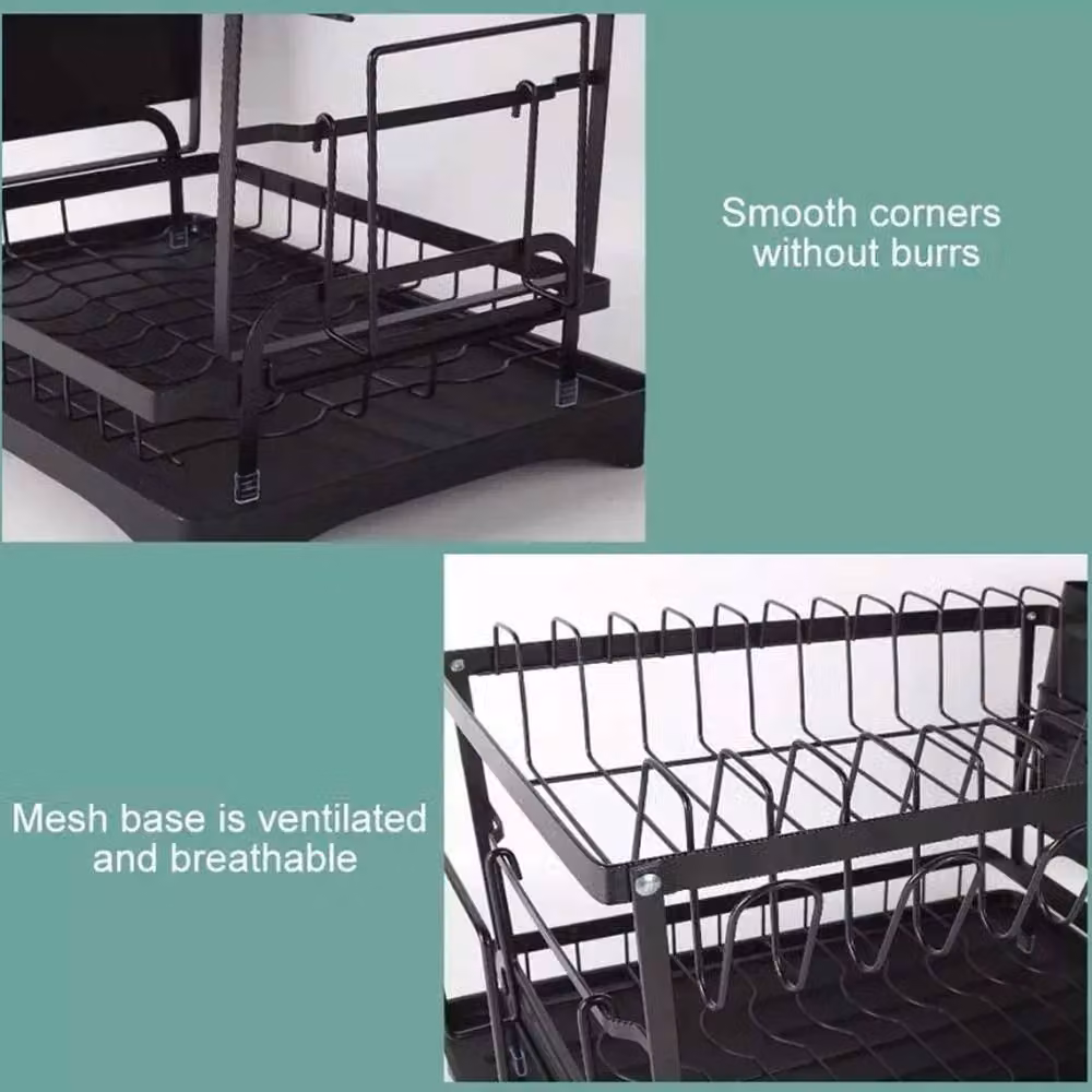 Kelvenix Two-Tier Kitchen Sink Dish Drainer Rack in Black with Cutlery Holder – 4