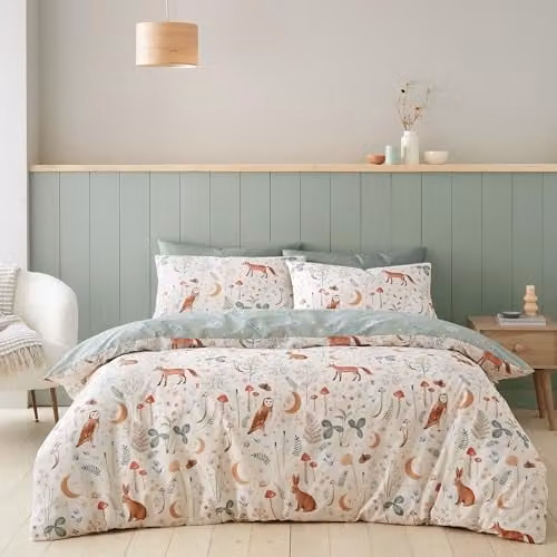 Catherine Lansfield Enchanted Twilight Animals Reversible Double Duvet Cover and Pillowcase Set in Beige, W/D/H: 200 x 200 cm