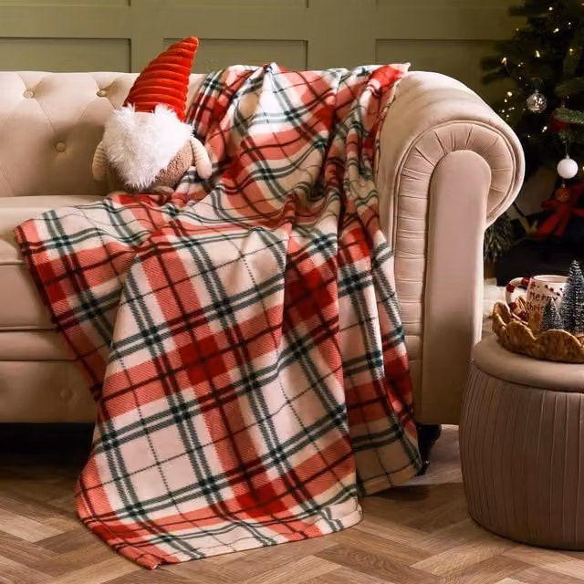 OHS Classic Christmas Checked Print Throw in Red and White
