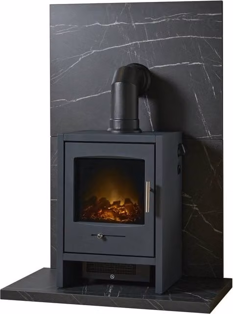 Acantha Fires & Fireplaces Bergen Electric Stove and Angled Pipe with Black Marble Effect Tile and Hearth Set – 1