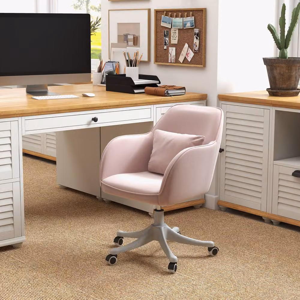 Rolipo Pink Velvet Swivel Task Chair with Lumbar Support and Armrests – 2