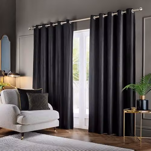 Paoletti Corinthian Black Velvet Eyelet Curtain Pair, W: 117 cm, H: 137 cm – 2