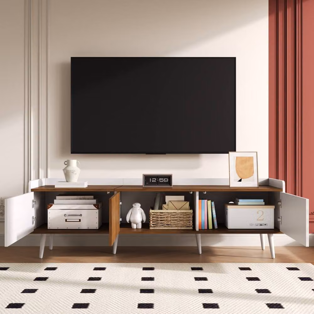 Merax Mid-Century TV Cabinet in White with Fluted Contrast Doors, W/D/H: 160 x 49.5 x 49.5 cm – 3