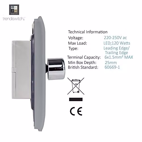 Trendi Switch 4 Gang 1 or 2 Way 150w Rotary LED Dimmer Light Switch in Silver – 2