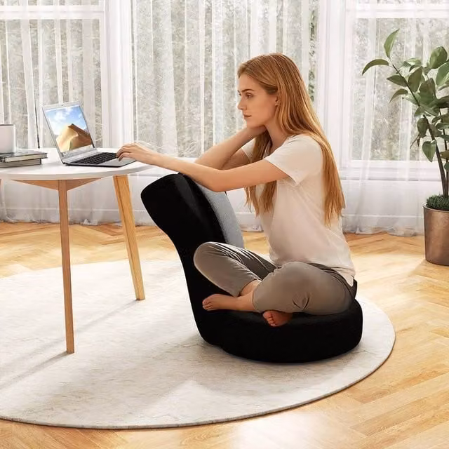 KORVIXA Black Fabric Floor Chair with Adjustable Headrest, W/D/H: 100 x 100 x 100 cm