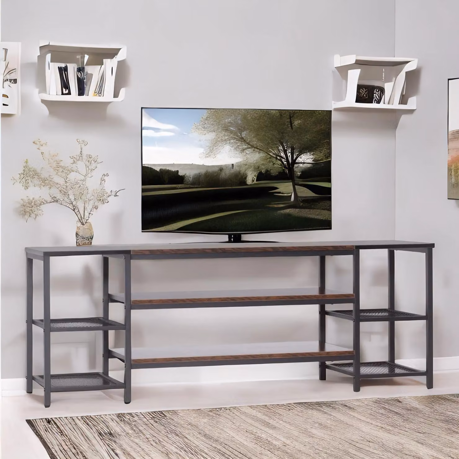 Pirlo Plush 3 Tier Brown TV Stand Unit with Open Shelves, W: 114.7 cm, D: 38.2 cm, H: 55.6 cm – 2