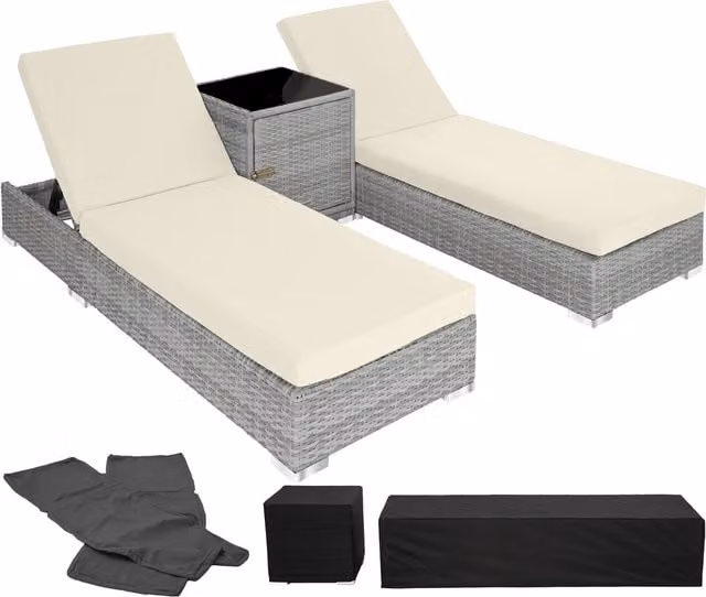 tectake Modern 2-Piece Polyrattan Sunlounger Set with Table and Protective Cover in Silver, Beige and Grey