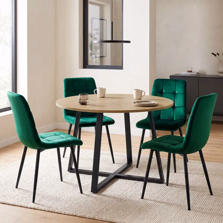 Kyvon Round Dining Table Set with 4 Chairs in Green and Black, Diameter: 110 cm, Height: 75 cm