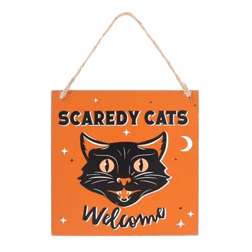 KDMD Vintage Scaredy Cats Welcome Hanging Halloween Sign in Brown, Black and Orange Wood – 1