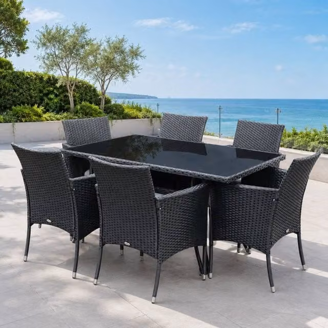 STILVORA 7-Piece Modern Dining Set in Black with Metal and Rattan Details