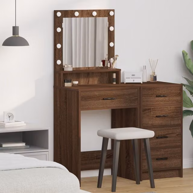 Berkfield Home Modern Oak Dressing Table with LED Lights, Brown, W: 50 cm, D: 41 cm, H: 135 cm