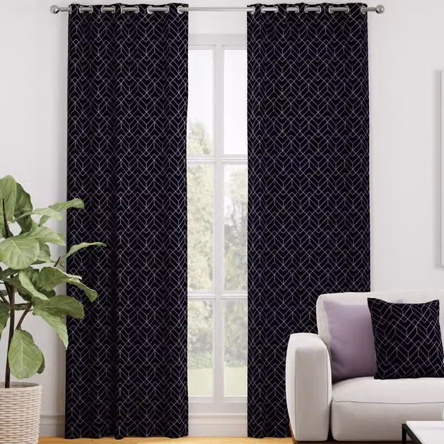 Terrys Vina Made to Measure Art Deco Blackout Eyelet Curtain Panel in Blue and Black Denim Style Polyester