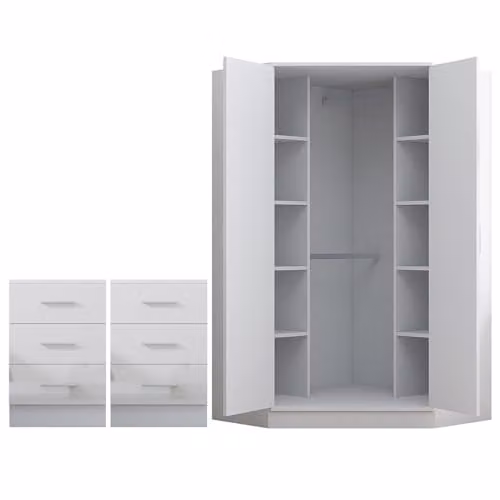 Reflect Modern Glossy Black and White Bedroom Set with Corner Unit and Two 3-Drawer Bedside Tables – 2