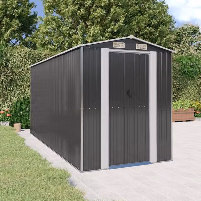Berkfield Home Modern Anthracite and Black Galvanised Steel Garden Shed with Sliding Doors, W/D/H: 440 x 192 x 223 cm – 1