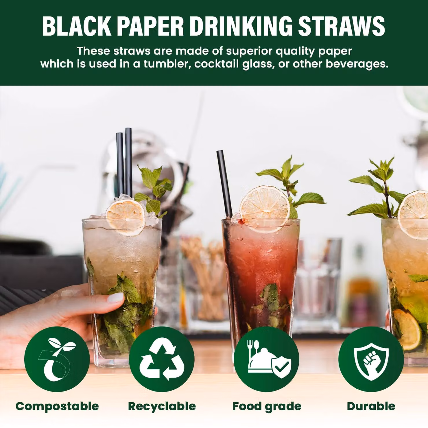 ECONX Black Compostable and Biodegradable Paper Straws, 20.32 cm, Pack of 750 – 3