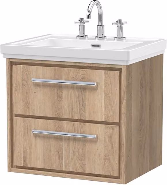 Balterley Longnor 2 Drawer Wall Hung Vanity Basin Unit, Light Oak Brown, W: 60 cm, D: 60.5 cm, H: 60 cm