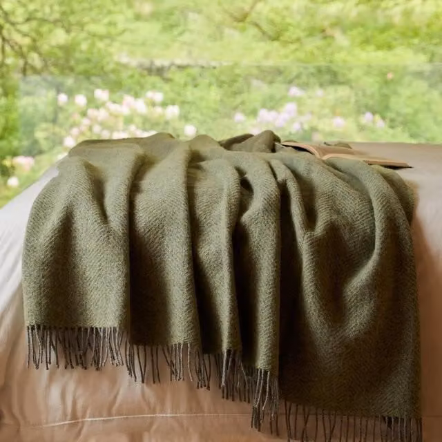 Tweedmill Beehive XL Geometric Wool Throw Blanket with Fringes in Light Green